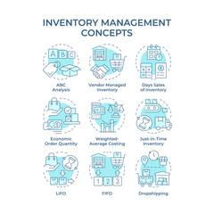 Inventory management soft blue concept icons. effective system of products distribution organization. Supplies chain. Icon pack. Vector images. Round shape illustrations for booklet. Abstract idea