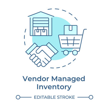 Vendor managed inventory soft blue concept icon. Supplier control of material. Resources management method. Round shape line illustration. Abstract idea. Graphic design. Easy to use in article