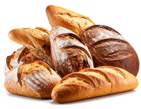 A collection of various artisan loaves of bread, rustic and golden-brown, with a wheat stalk
