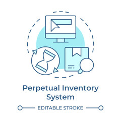 Perpetual inventory system soft blue concept icon. Automated transaction tracking. Supplies management strategy. Round shape line illustration. Abstract idea. Graphic design. Easy to use in article
