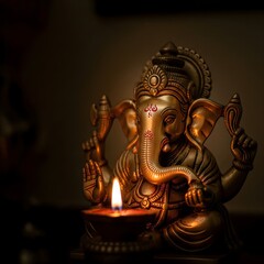 Obraz premium Brass Ganesha Idol Illuminated by a Diya Oil Lamp for Diwali or Ganesh Chaturthi Festival