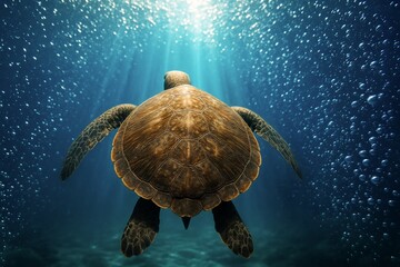 泡と光に包まれて泳ぐ海亀 実写風イラスト
