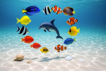 熱帯魚とイルカが描く水中の輪 実写風イラスト