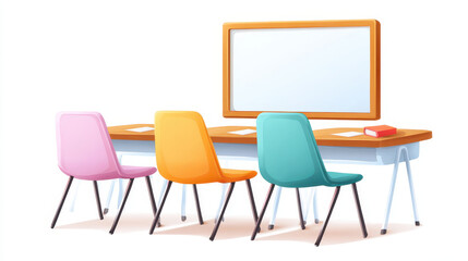 Colorful illustration of classroom setup with wooden desk, four vibrant chairs, whiteboard, and red book, evoking playful and educational atmosphere