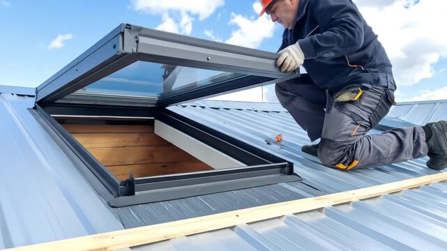 Roofer installing skylight on a metal roof.