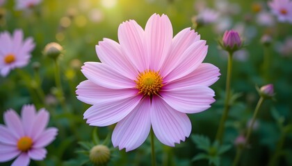 Obraz premium Beautiful Blooming Cosmos Flowers in Soft Pastel Garden Landscape Background