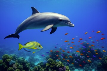 サンゴ礁を泳ぐイルカと熱帯魚 実写風イラスト