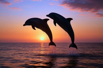 夕焼けの海で跳ねる二頭のイルカ 実写風イラスト