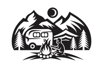 Hiker Kneeling by Campfire Art, Moon, Stars, RV, Pines, White Background