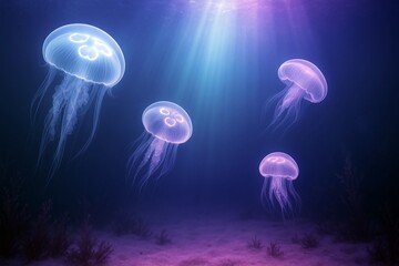 光に照らされる海底のクラゲ 実写風イラスト