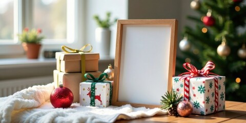 Naklejka premium A Festive Arrangement of Wrapped Gifts Near a Blank Frame on a Cozy Tabletop
