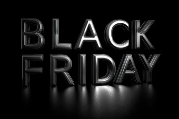 Black Friday Chrome Text on Dark Background, Reflective Surface, Sale Promotion