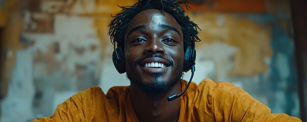 Smiling man with headset indoors, feeling happy and relaxed at home