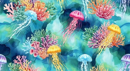 Obraz premium Vibrant watercolor seamless pattern of colorful jellyfish and coral reefs in a deep blue ocean