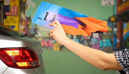 Person holding personalized license plate with a vibrant urban background and silver car