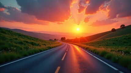 Fototapeta premium Serene Sunset Highway A Winding Asphalt Road Through Lush Grassy Hills, Bathed in the Warm Golden Glow of a Vibrant Evening Sky