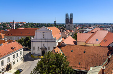 Aerial view of Upper Town on foreground and Lower Town on background from Lotrščak Tower with iconic Cathedral behind, Zagreb, Croatia.