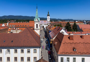 Aerial view of Upper Town from Lotrščak Tower with St. Mark’s Church behind, Zagreb, Croatia.