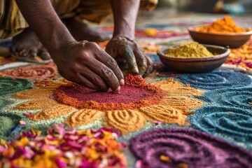 Rangoli Art Creation: Hands Crafting Colorful Sand Design for Diwali Festival