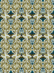 A luxurious and seamless damask pattern featuring ornate vintage scrolls and floral motifs. This elegant Baroque-inspired design in teal, gold, and black is perfect for sophisticated backgrounds