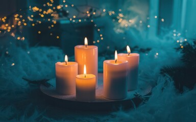 Moody teal background with four lit white candles and bokeh