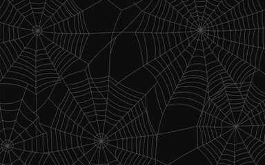 Intricate white spider webs on black background seamless pattern