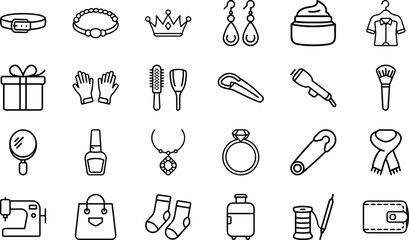 Collection of black outline icons for fashion and accessories on white background 1