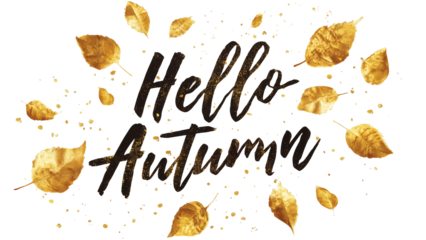 Fall season text "Hello Autumn" brush calligraphy with scattered golden leaves PNG