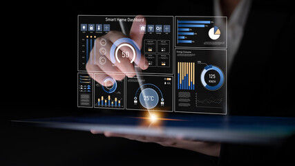 Smart home dashboard manages IoT system. Smart home dashboard controls temperature, dashboard...