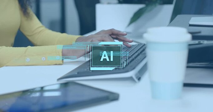 Software developer typing on keyboard initiating holographic AI icon pulsing data bars in tech demo