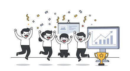 Cheerful Business Team Celebrating Success with Trophy.