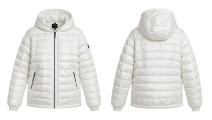 White hooded puffer jacket shown from front and back, showcasing its design and features.