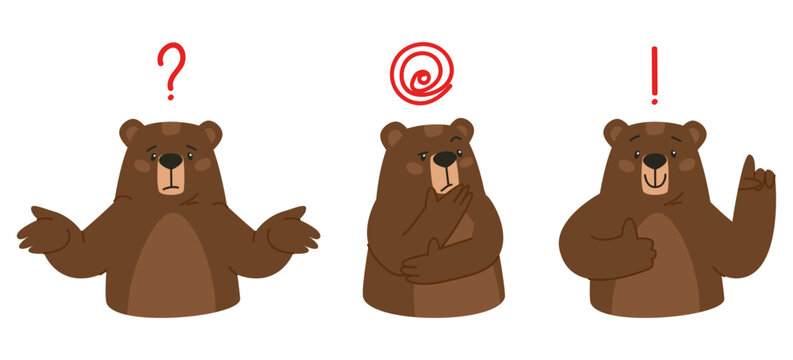 Emotions character bear to the waist. Wonders, thinks about the problem, the solution is found. Flat vector illustration, eps10