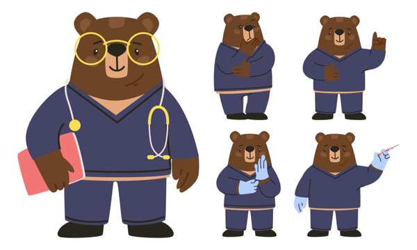 Bear mid-level medical staff. Set of poses animal in medical staff uniform. Stands, thinks, puts on gloves, prepares to give an injection. Flat vector illustration. eps10