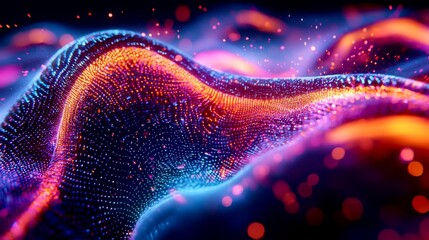 Abstract glowing waves of neon particles in vibrant purple, orange, and blue hues, symbolizing energy flow, data streams, or futuristic digital landscapes.