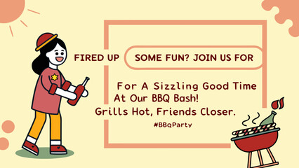 Invitation to a bbq party with a cartoon girl holding bottles and a grill with a bottle on top of it