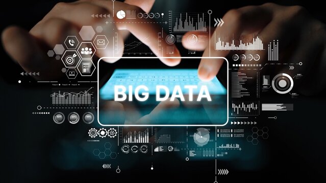 Hands Typing on Touchscreen with Big Data Visualization Overlay in Modern Digital Environment. Asymptotic smart data analytic.