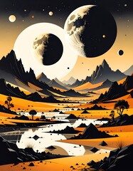 A desert landscape with celestial bodies