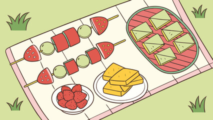 Picnic scene featuring fruit skewers, sandwiches, and strawberries on a blanket in a grassy setting