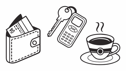 Illustration of a wallet with cash, keys with remote, and a steaming cup of coffee on a saucer
