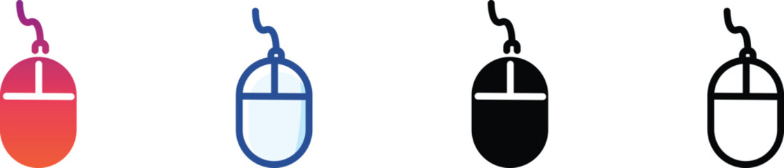 Computer mouse vector icon set in flat and outline styles. Great for UI design, tech infographics, and digital device graphic