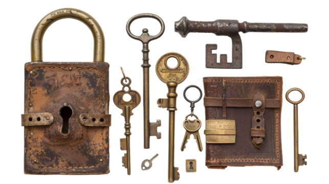 Historical Keys and Padlock Antique Arrangement on white background