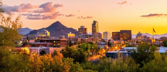 Obraz premium Vibrant cityscape at sunset with mountains in the background showcasing modern buildings and lush greenery