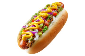 Brazil Hot Dog Completo overloaded hot dog with mustard, veggies, and cheese on sesame bun, isolated on white transparent background, concept of fast food