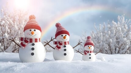 Fototapeta premium Cheerful snowman family with red striped hats and scarves standing in snowy winter landscape under bright rainbow, joyful festive seasonal holiday scene full of happiness and charm