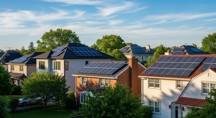Residential homes featuring solar panels on rooftops for sustainable living and renewable energy generation
