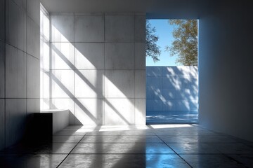 Obraz premium Sunlit minimalist room, tiled floor, window view