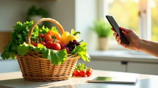 A wicker basket brimming with fresh produce sits on a kitchen counter, next to a digital tablet and a person using a mobile phone, likely to order groceries online. - Powered by Adobe