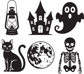 Spooky Halloween Night Icons Collection. Solid filled vector set with haunted house, lantern, ghost, skeleton, black cat, and full moon. Horror holiday silhouettes for scary party, creepy decor