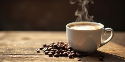 Aromatic Coffee Delight Steaming Cup of Latte Art and Roasted Beans on Rustic Wood